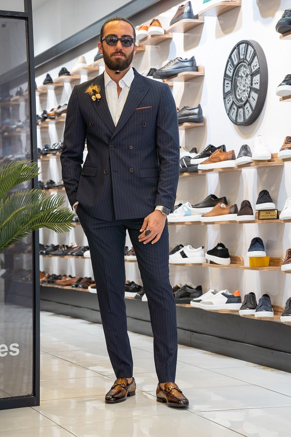 Brabion Lance Dark Blue Slim Fit Pinstripe Double Breasted Suit