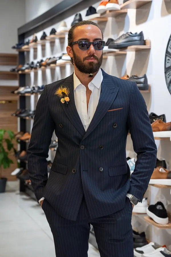 Brabion Lance Dark Blue Slim Fit Pinstripe Double Breasted Suit brabion