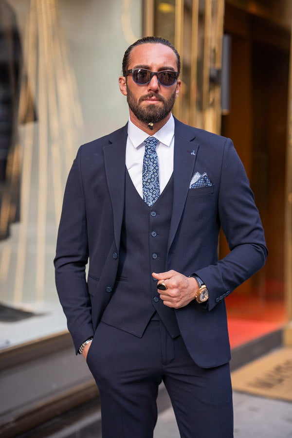 Brabion Lance Navy Blue Slim Fit Three-Piece Suit
