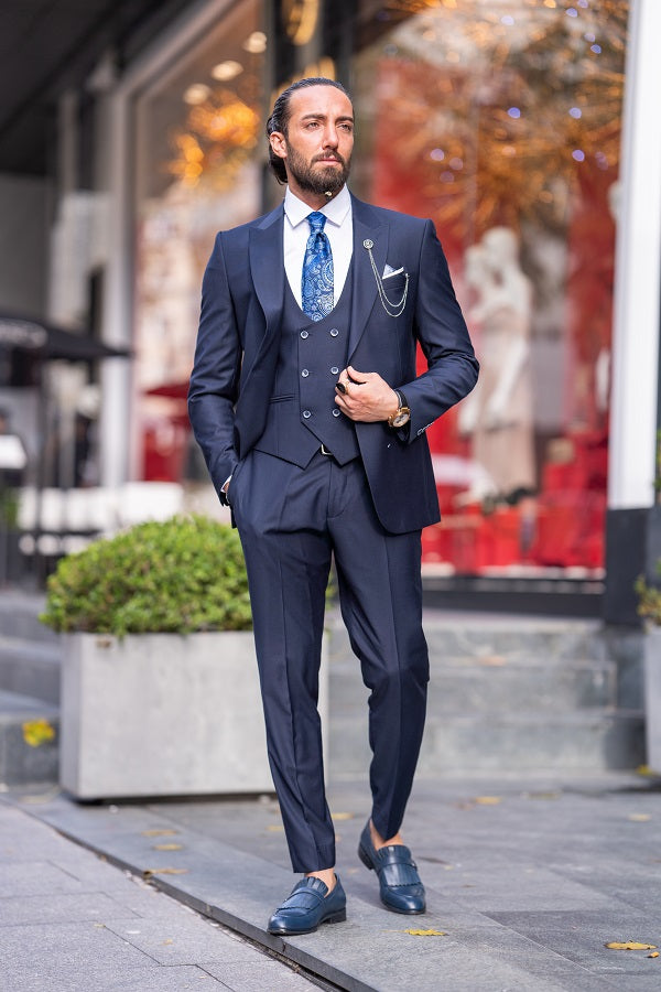 Dark Blue Skinny Suits For Men Elegant Slim Fit Navy Blue Three