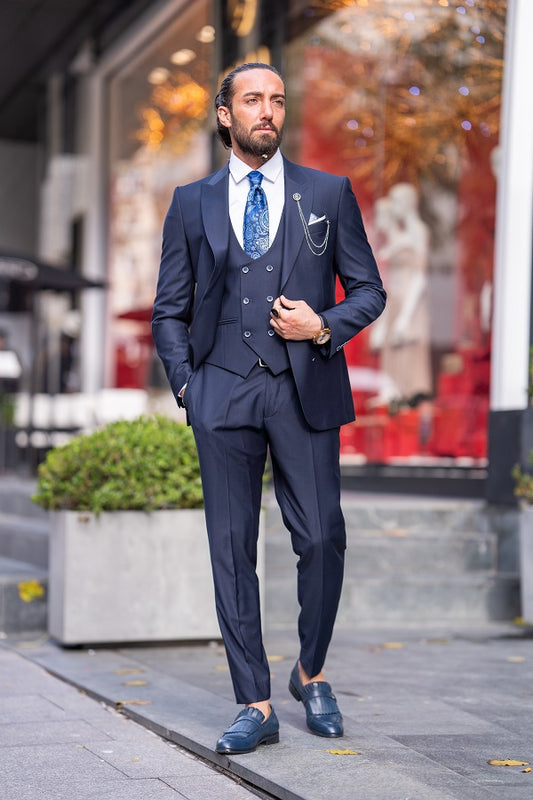 Brabion Lance Navy Blue Slim Fit Peak Lapel 3 Piece Suit