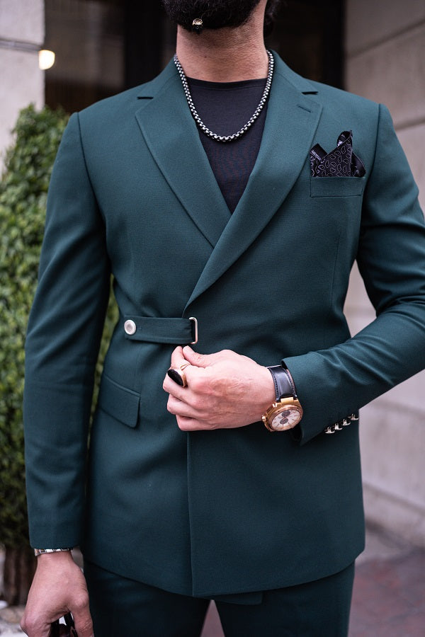 Brabion Massimo Green Slim Fit Double Breasted Buckle Suit