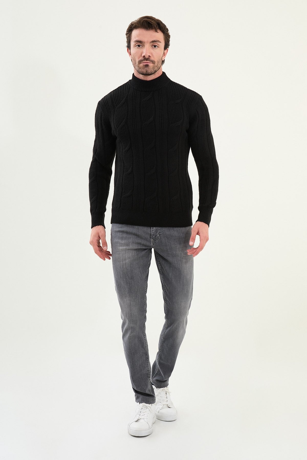 Black Cable-Knit High Neck Sweater