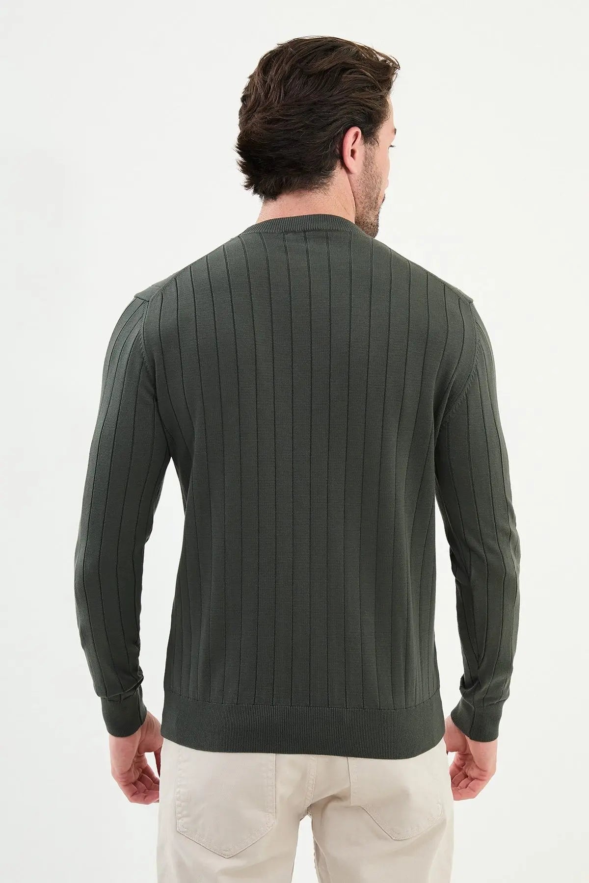 Men’s Khaki Green Ribbed Slim Fit Sweater - BRABION