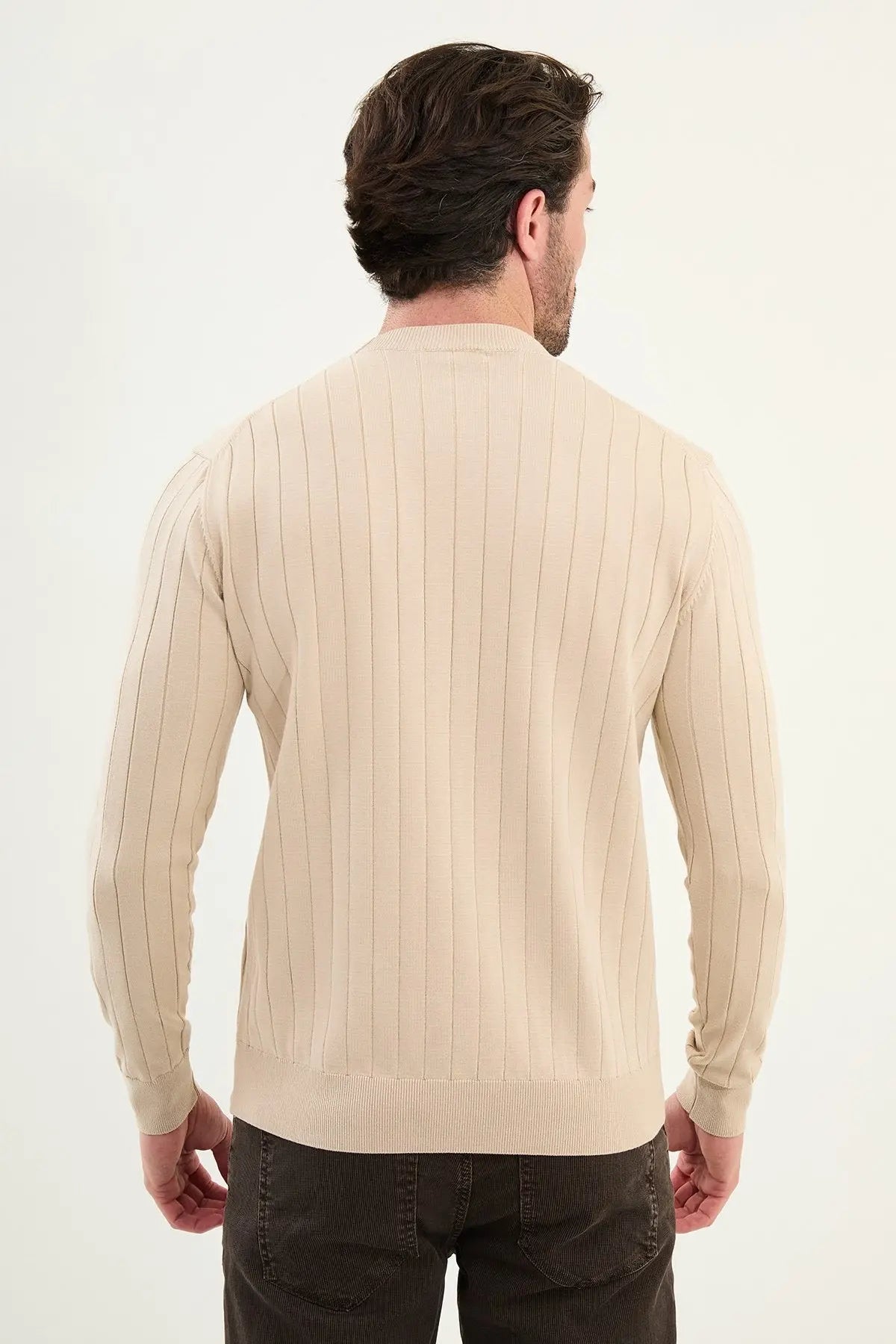 Men’s Beige Ribbed Slim Fit Sweater - BRABION