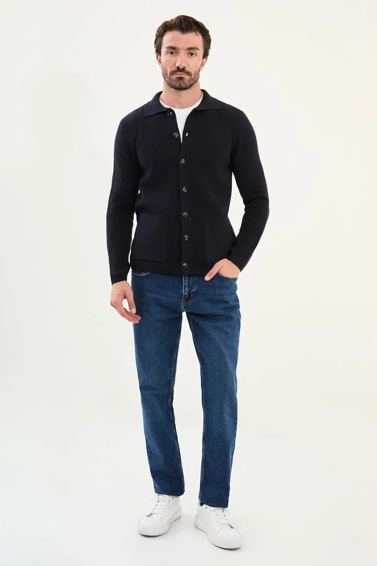 Men's Slim-Fit Button-Up Knit Cardigan – Navy Blue - BRABION