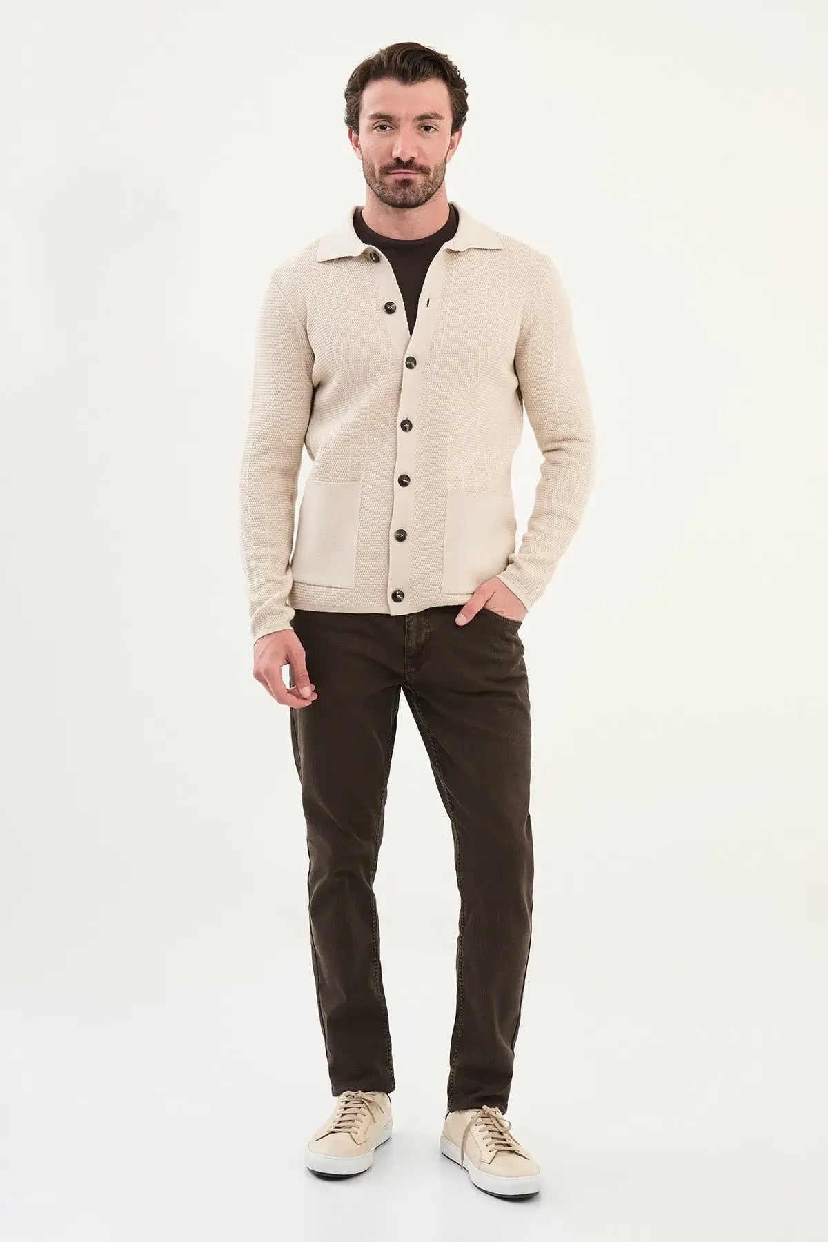 Men's Slim-Fit Button-Up Knit Cardigan – Beige - BRABION