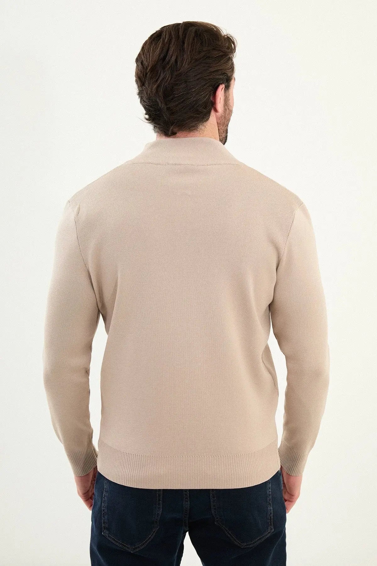 Men's Slim-Fit Zip-Up Knit Cardigan – Beige - BRABION
