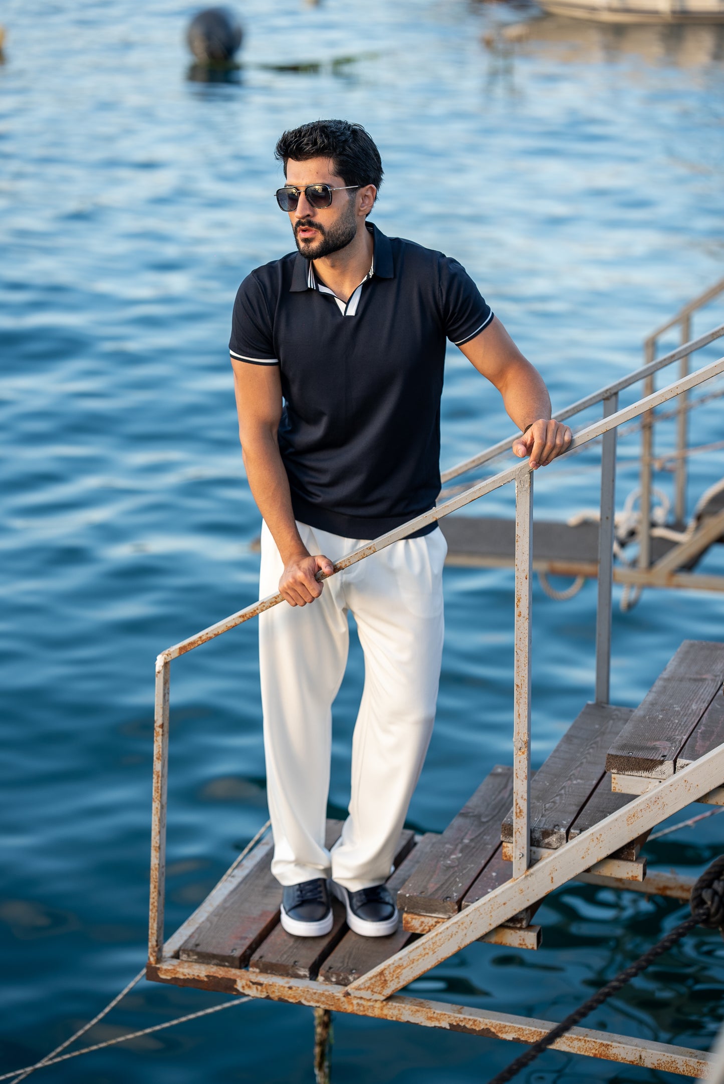 Santorini Navy Blue Polo Collar Men's T-Shirt