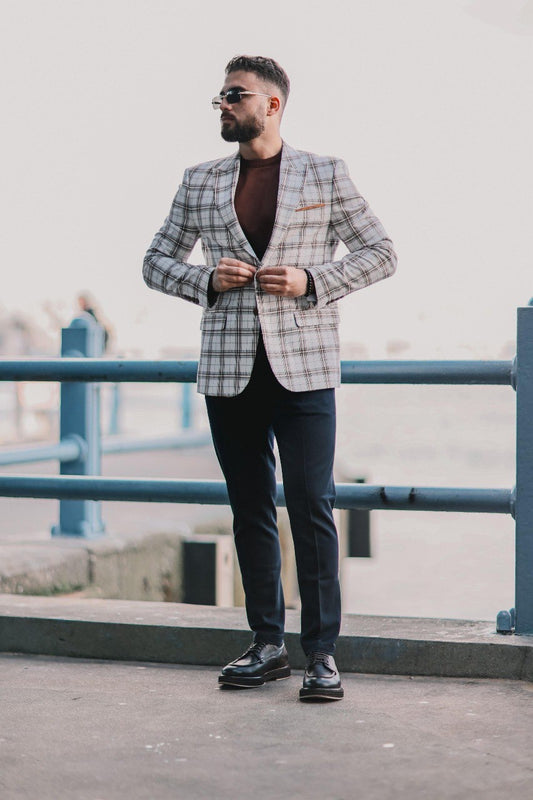 Men’s White Plaid Slim-Fit Jacket