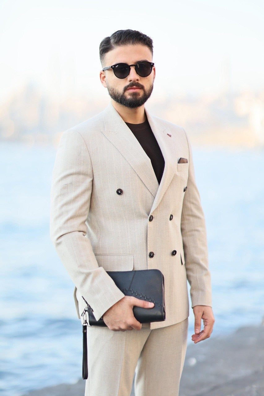 Men’s Beige Pinstripe Double-Breasted Suit brabion