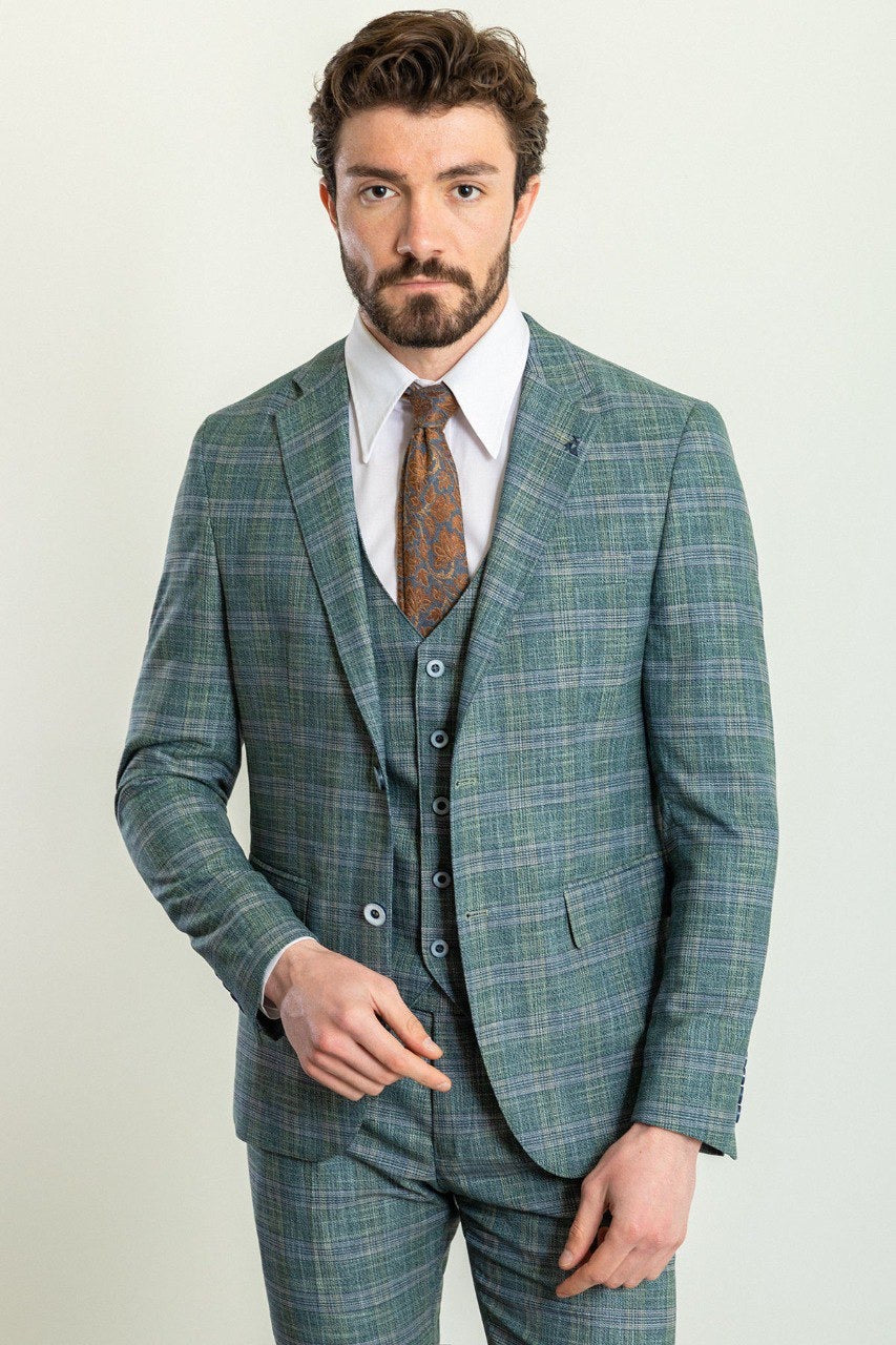 Brabion Elio Green Slim Fit Notch Lapel 3 Piece Plaid Suit