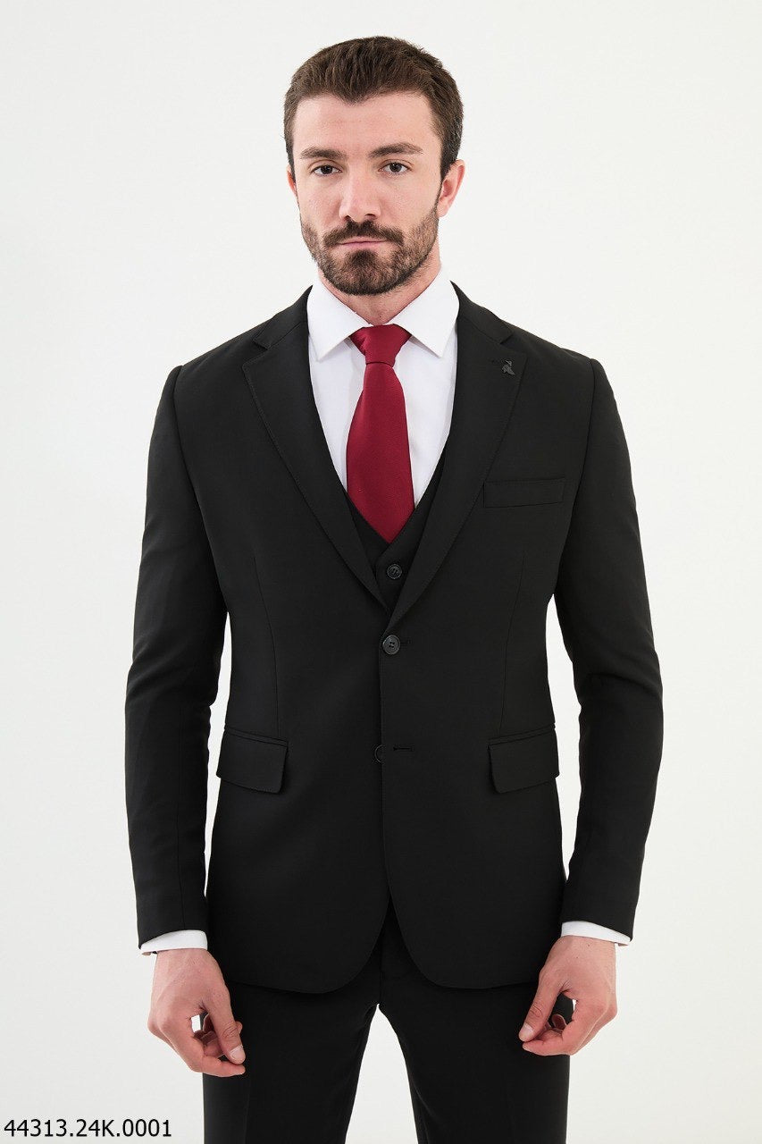 Brabion Diego Black Notch Lapel 3 Piece Wool Suit