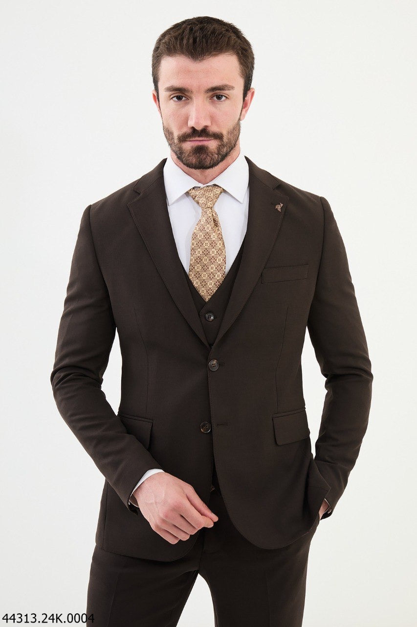 Brabion Diego Coffee Brown Notch Lapel 3 Piece Wool Suit brabion
