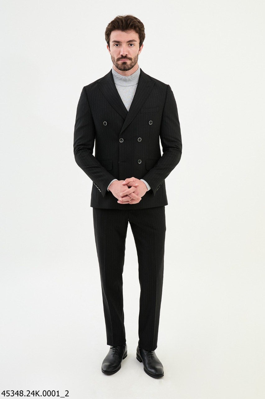 Brabion Diego Black 2 Piece Double Breasted Pinstripe Wool Suit