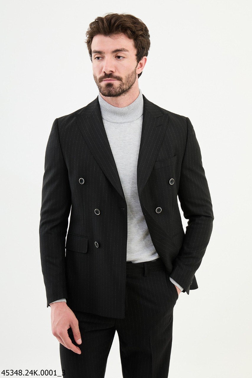 Brabion Diego Black 2 Piece Double Breasted Pinstripe Wool Suit brabion