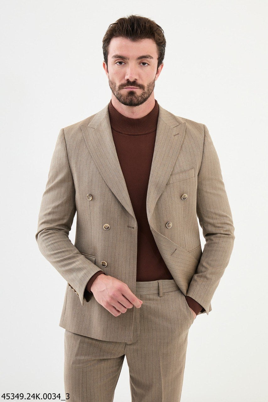 Brabion Diego Beige 2 Piece Double Breasted Pinstripe Wool Suit brabion