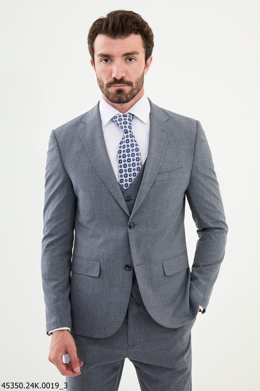 Brabion Diego Ames Blue 3 Piece Plaid Wool Suit brabion