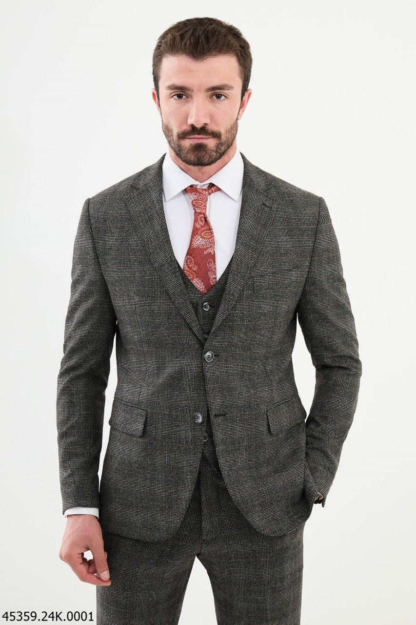 Brabion Diego Black 3 Piece Glen Check Wool Suit brabion