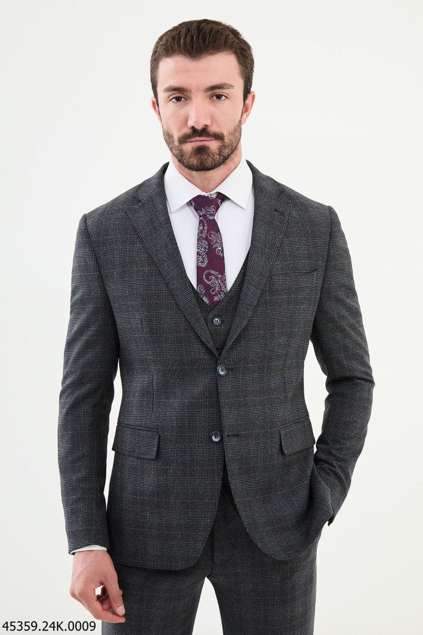 Brabion Diego Dark Blue 3 Piece Glen Check Wool Suit brabion