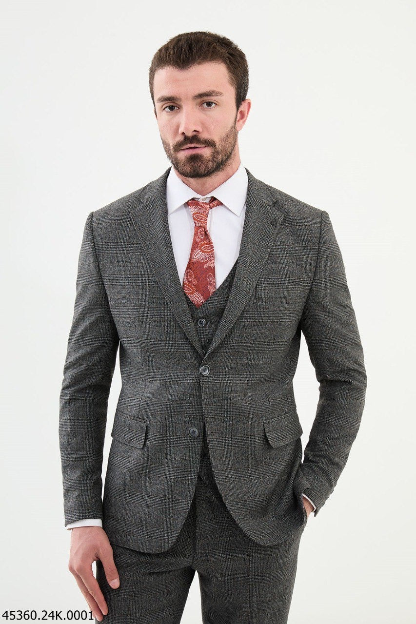 Brabion Diego Dark Gray 3 Piece Glen Check Wool Suit brabion