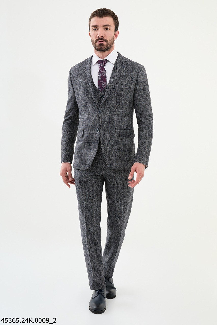 Brabion Diego Dark Blue 3 Piece Glen Plaid Wool Suit