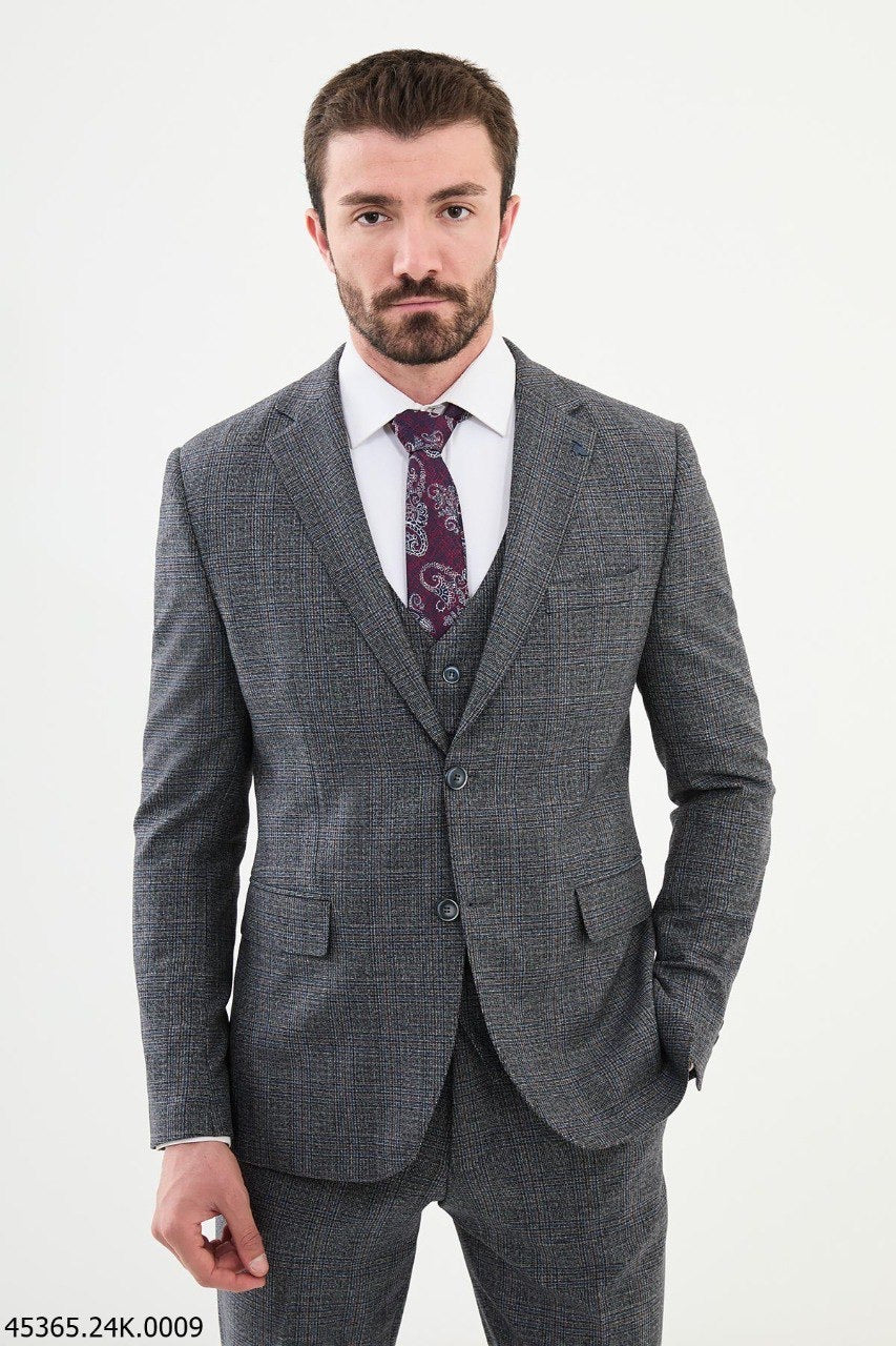 Brabion Diego Dark Blue 3 Piece Glen Plaid Wool Suit