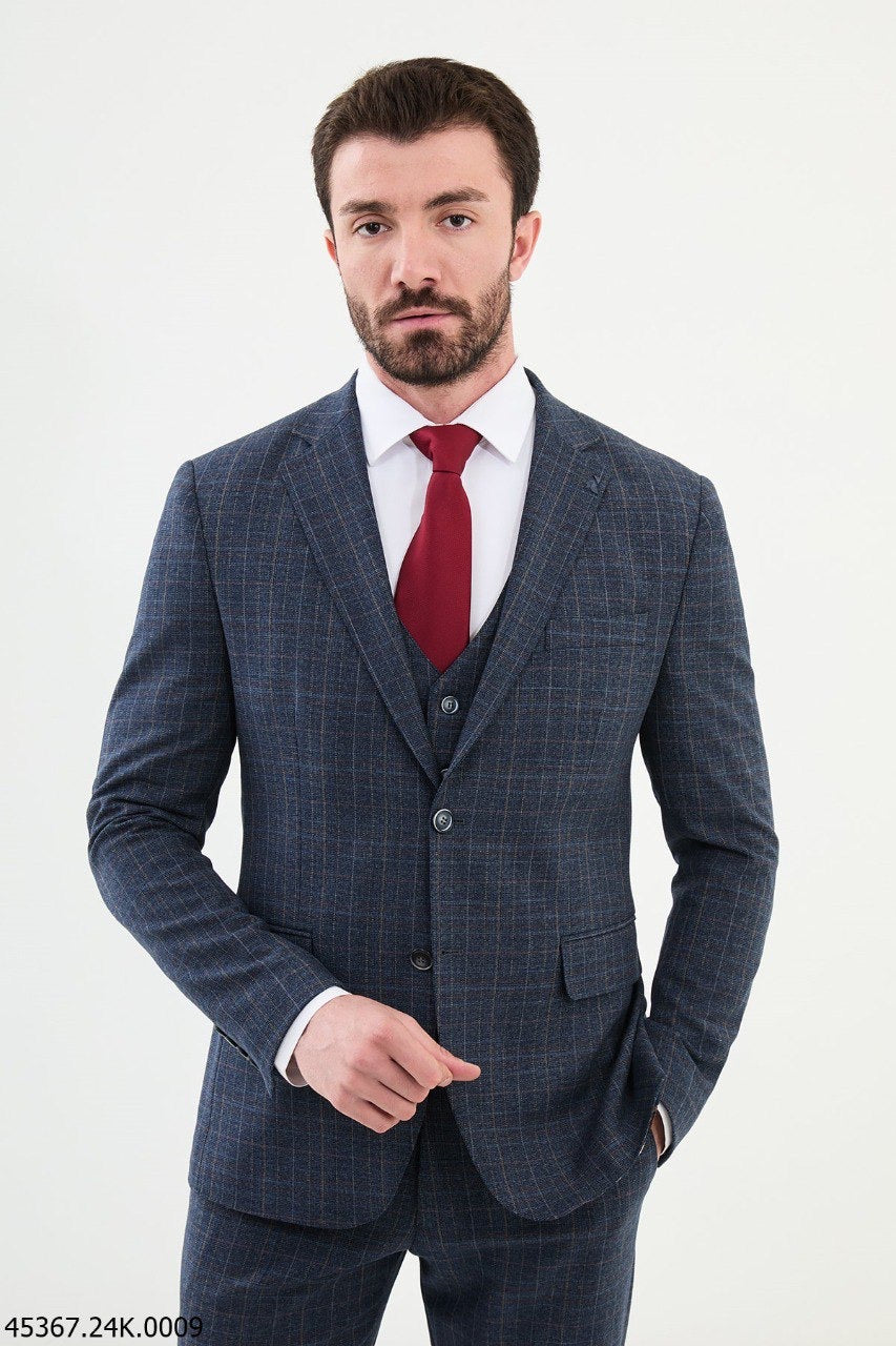 Brabion Diego Navy Blue 3 Piece Tattersall Wool Suit for Modern Men brabion