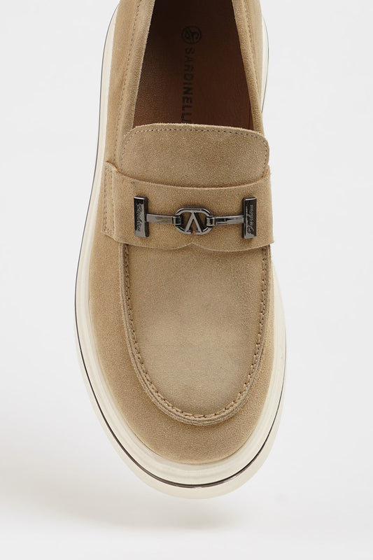 Maison Beige Nubuck Leather Slip-On Loafers with Buckle Detailing