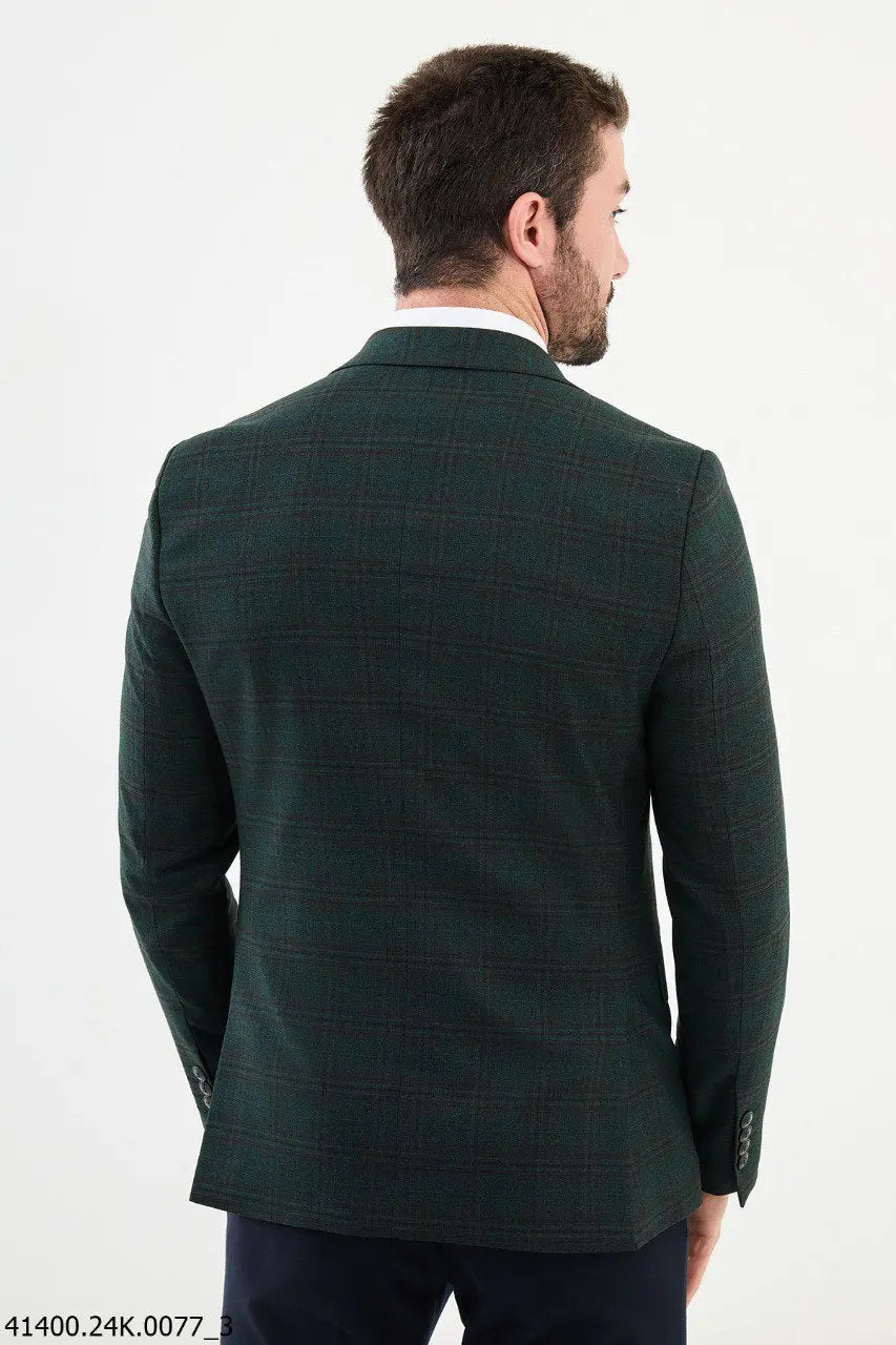 Brabion Dante Green Slim Fit Notch Lapel Plaid Wool Blazer - BRABION