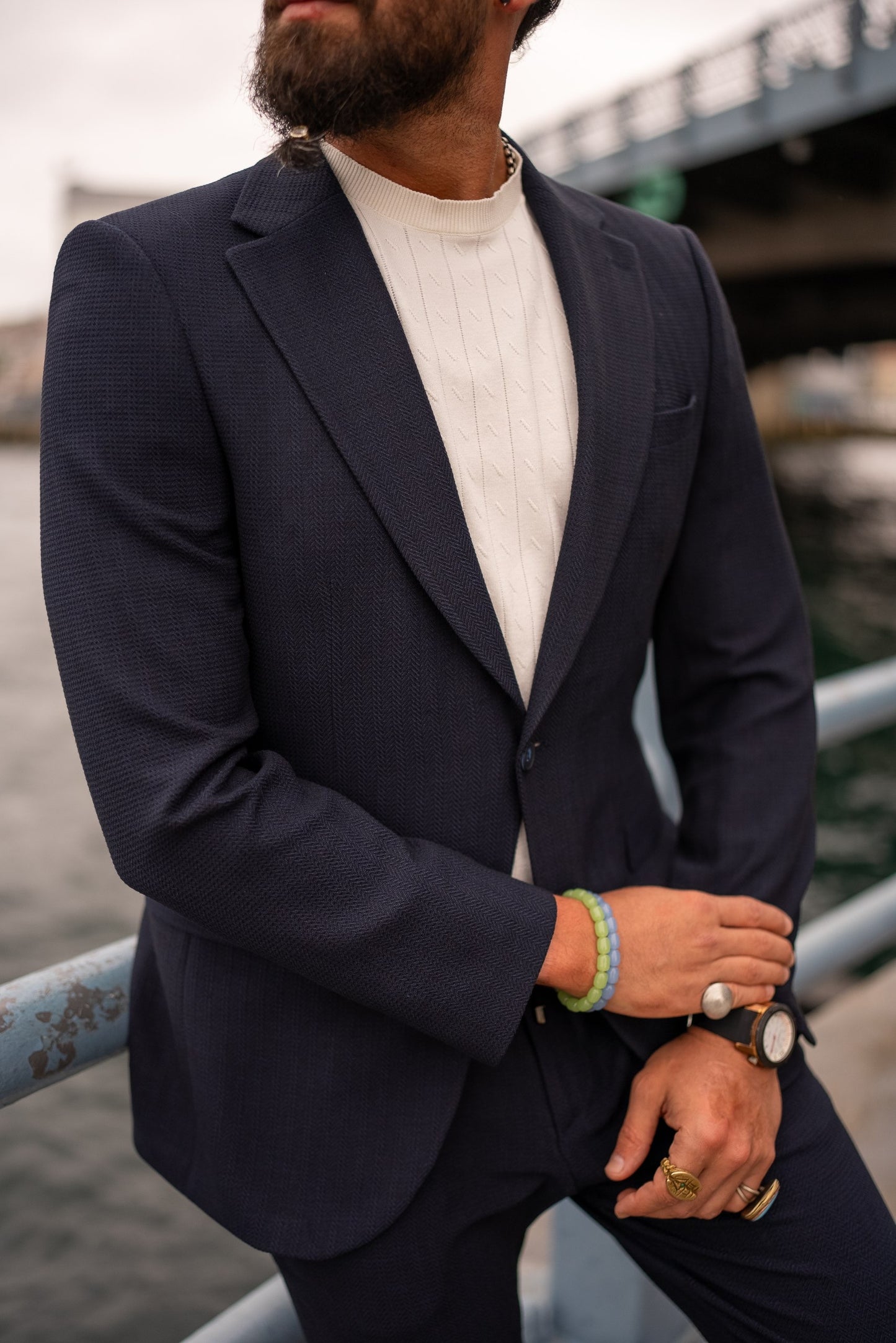 Monaco Navy Blue Mono-Collar Summer Suit