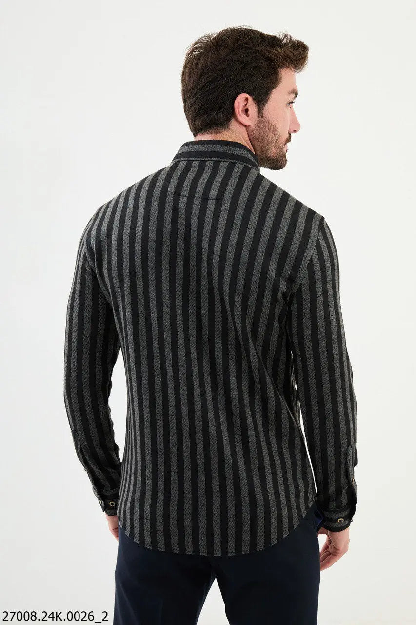 Brabion Nico Khaki Black Slim Fit Striped Shirt - BRABION