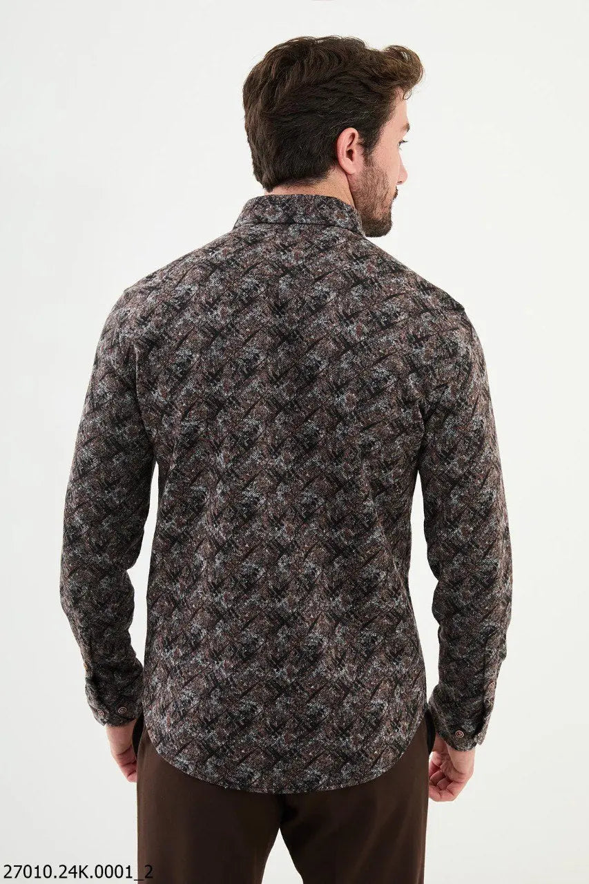 Brabion Nico Black Slim Fit Patterned Wool Shirt - BRABION