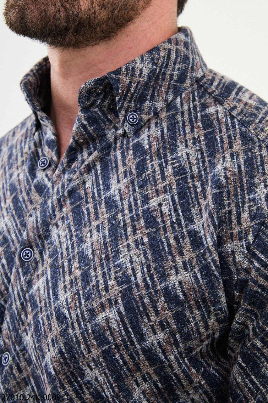 Brabion Nico Navy Blue Slim Fit Patterned Wool Shirt