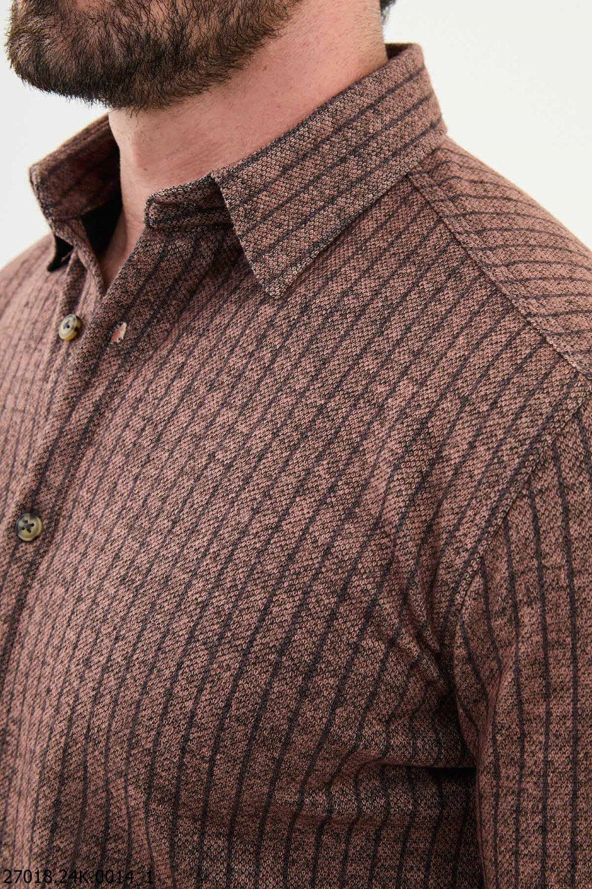 Brabion James Brown Slim Fit Chalk Stripe Wool Shirt