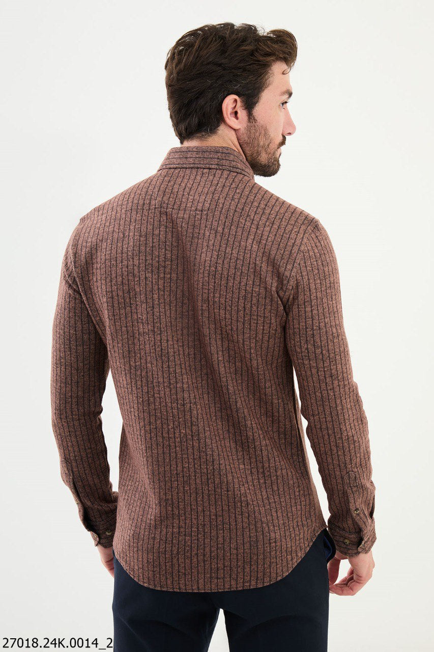 Brabion James Brown Slim Fit Chalk Stripe Wool Shirt