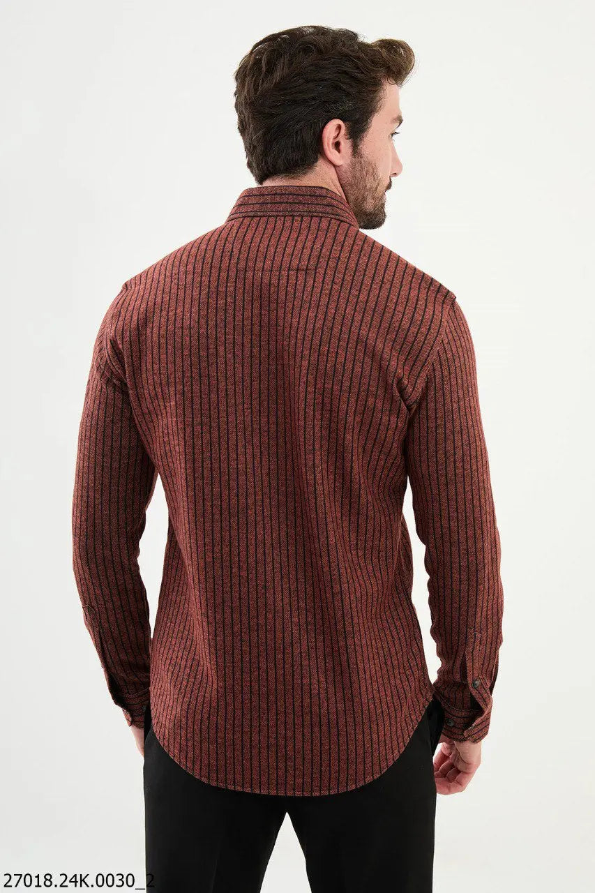 Brabion James Rust Slim Fit Chalk Stripe Wool Shirt - BRABION