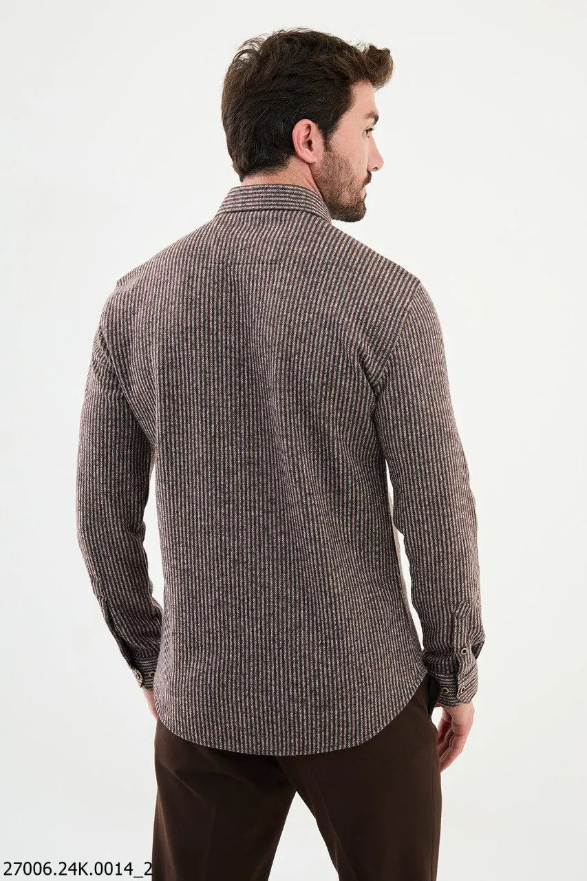 Brabion Nico Brown Slim Fit Striped Wool Shirt - BRABION