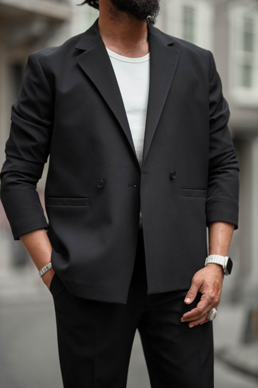 Santorini Nights Mono Collar Suit in Jet Black