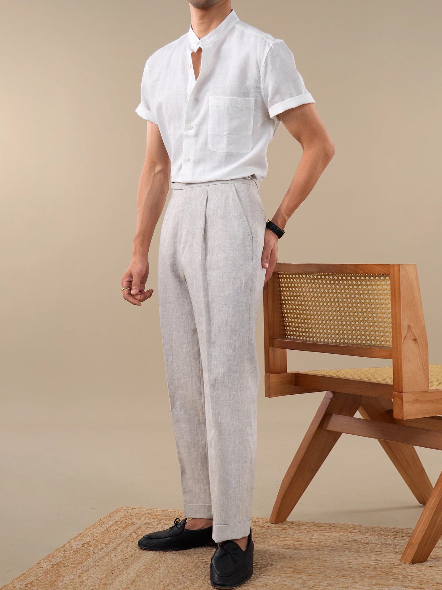 Band Collar Style Cotton-Linen Blend Short-Sleeve Casual Shirt for Men