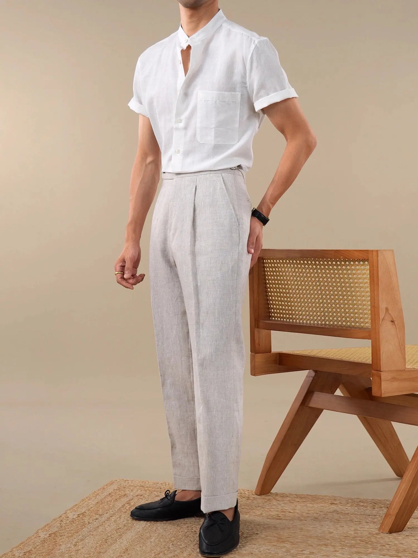 Band Collar Cotton-Linen Blend Short Sleeve Casual Shirt for Men