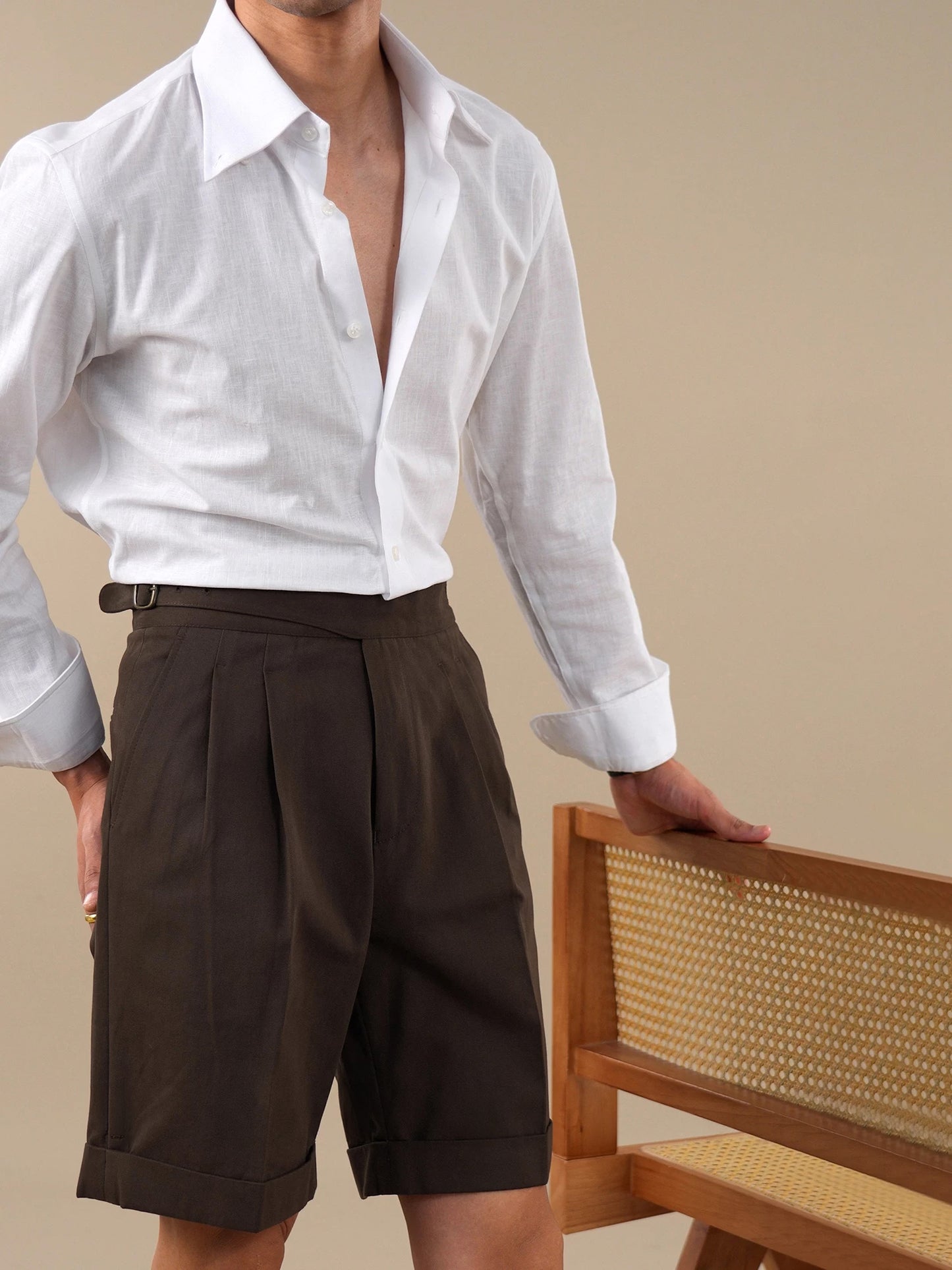 Vintage High-Waist Double-Pleat Straight-Leg Men's Shorts