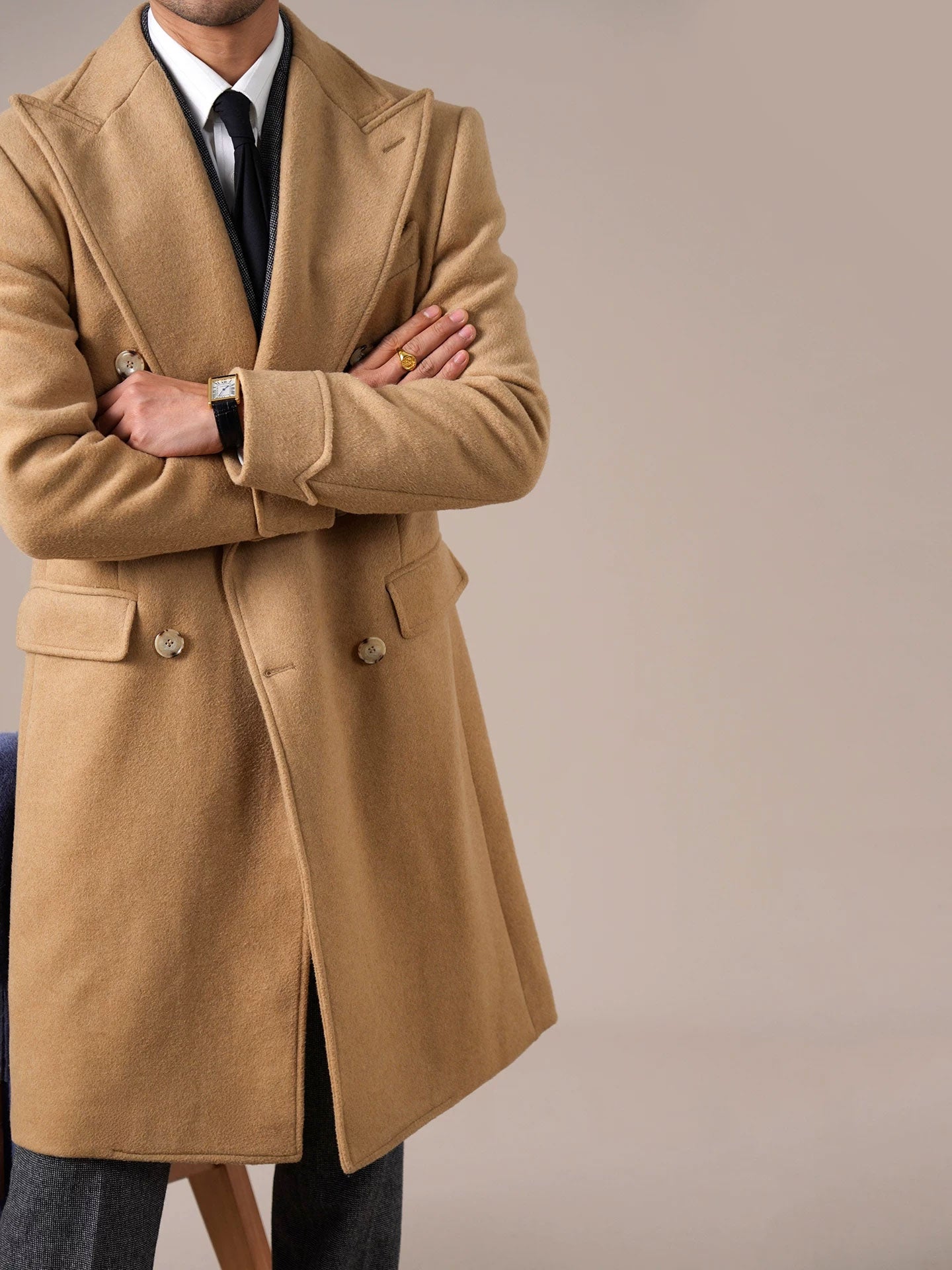 Mens Wool Chester Double Breasted Notched Lapel Coat - BRABION
