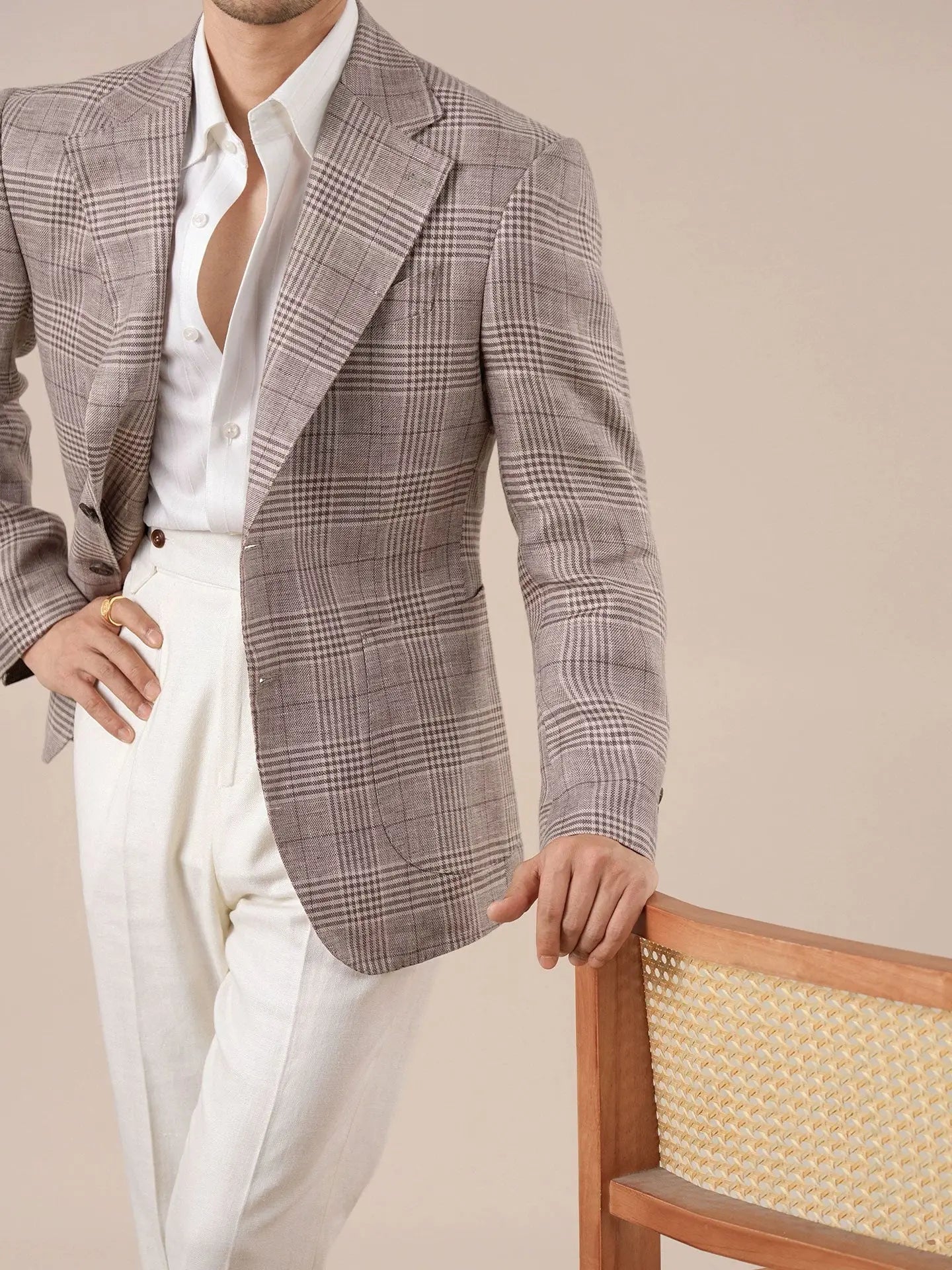 Men's Italian Prince of Wales Check Linen Blazer - BRABION