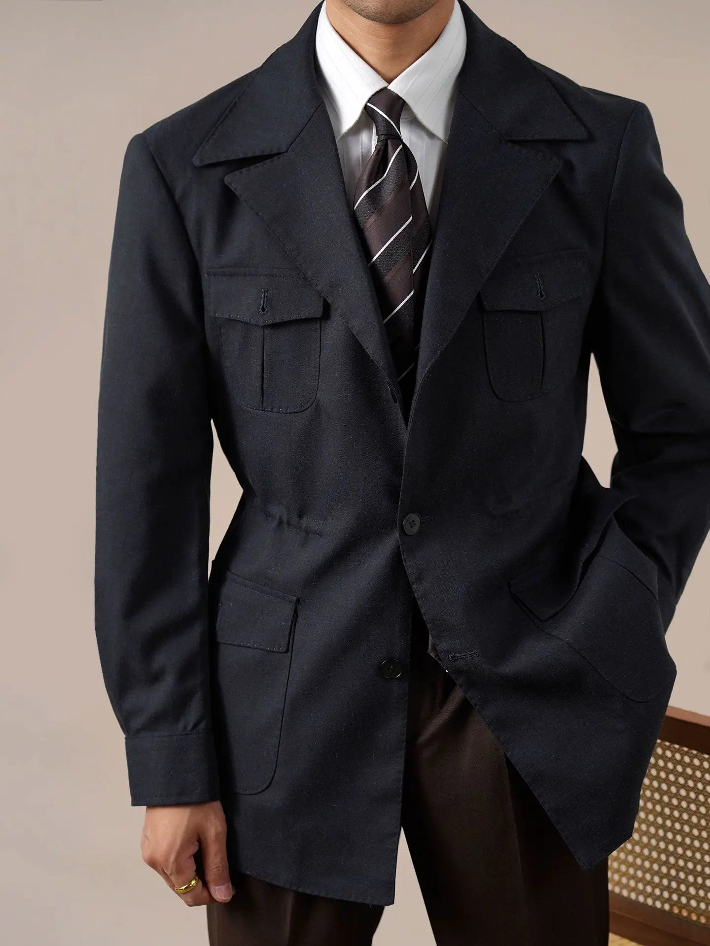 Men’s Vintage Safari Jacket — Slim-Fit Linen Blazer Collar Casual Coat