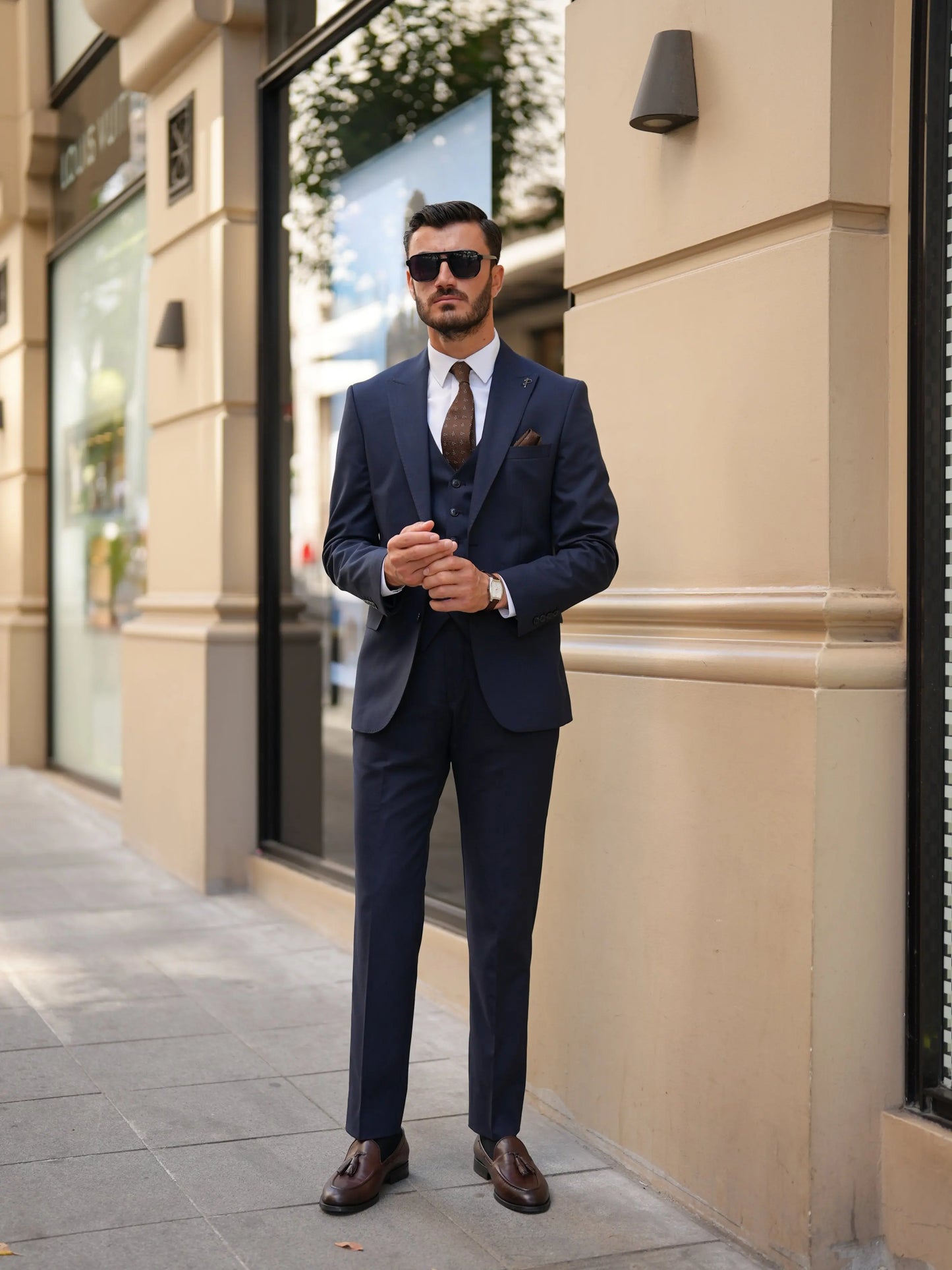 Navy Blue 3-Piece Slim Fit Italian Suit - BRABION