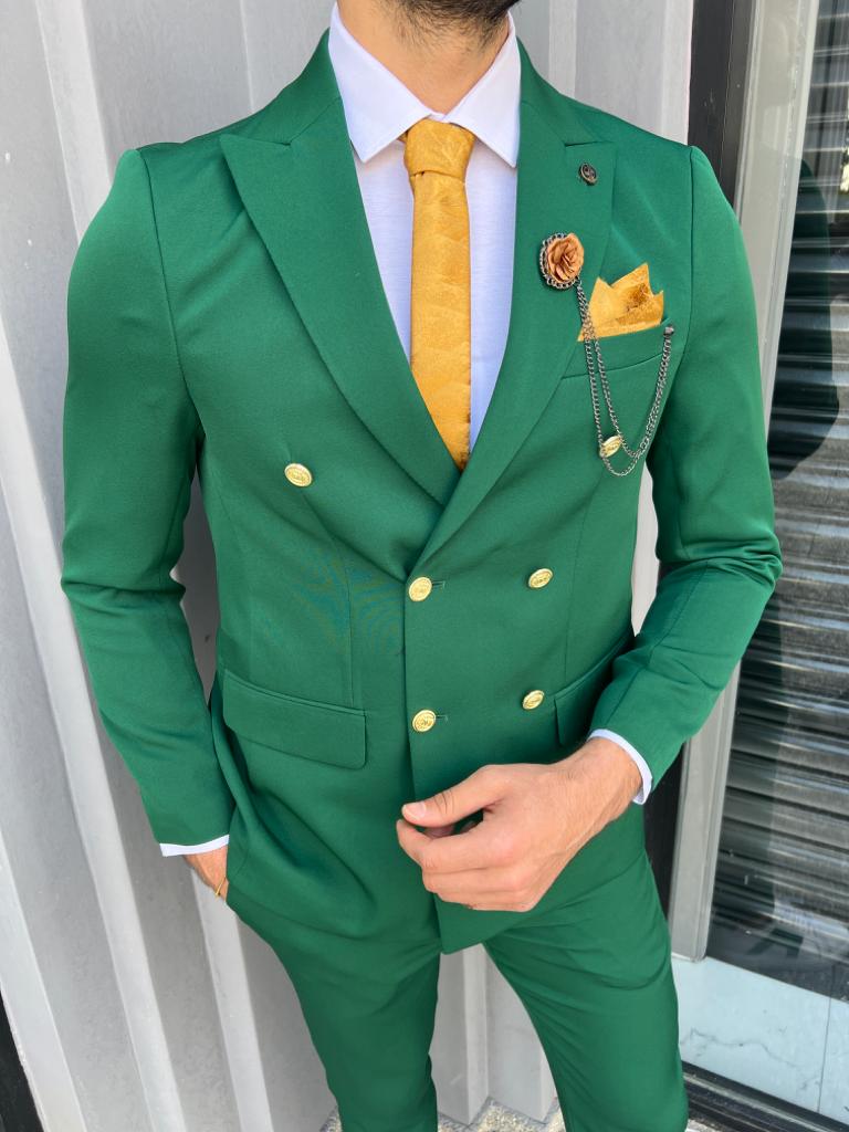 Leon Green Slim Fit Pinstripe Double Breasted Suit