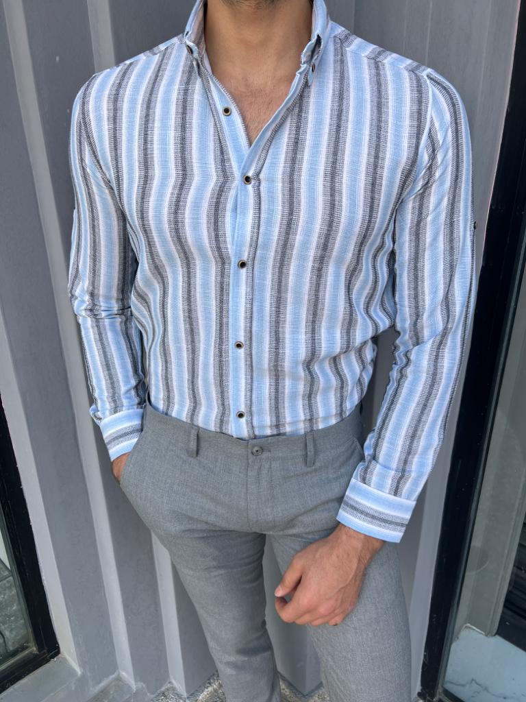 Brabion Lyon Blue Slim Fit Long Sleeve Striped Cotton Shirt