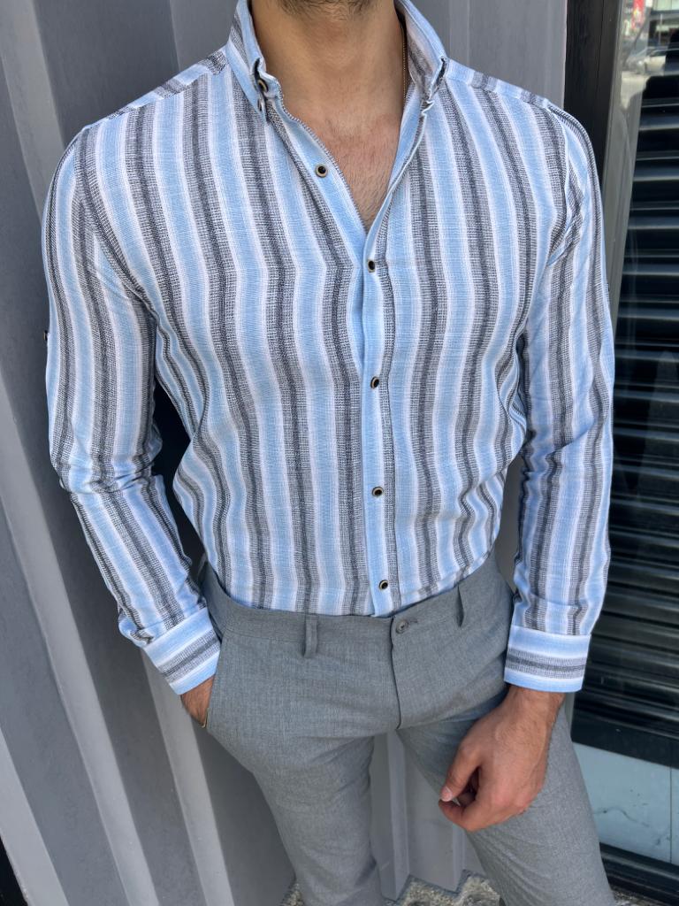Lyon Blue Slim Fit Long Sleeve Striped Cotton Shirt