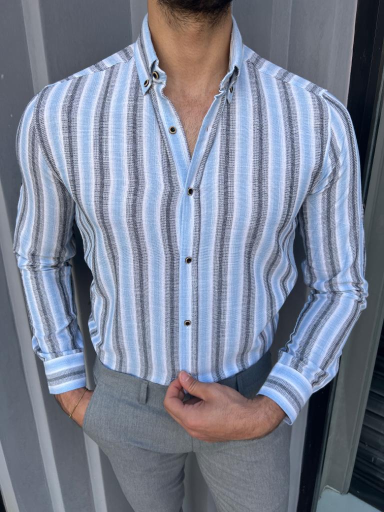 Lyon Blue Slim Fit Long Sleeve Striped Cotton Shirt